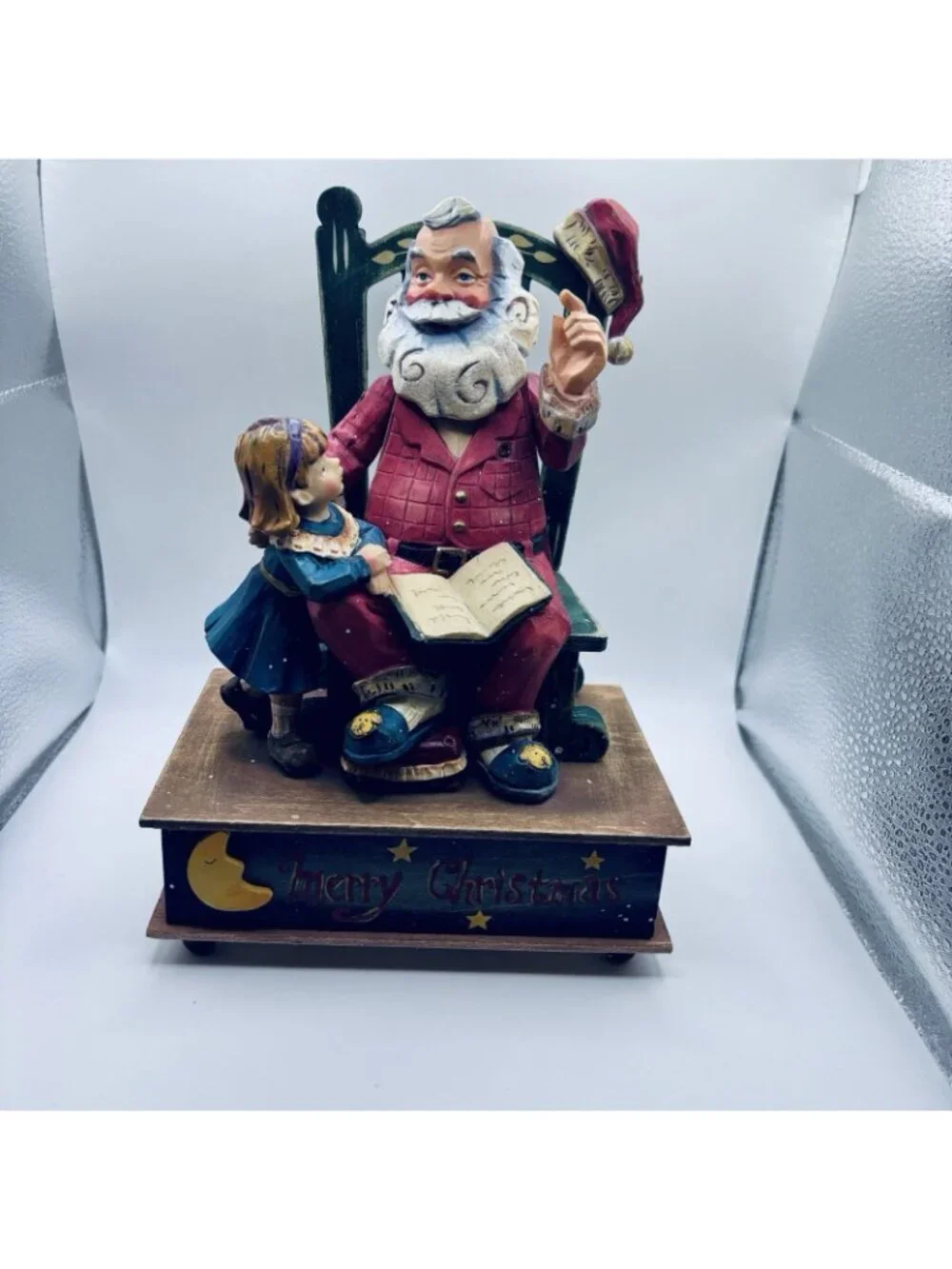 Vintage Wood/Resin Santa Claus Musical Wind Up Animated Christmas Holiday Decor.